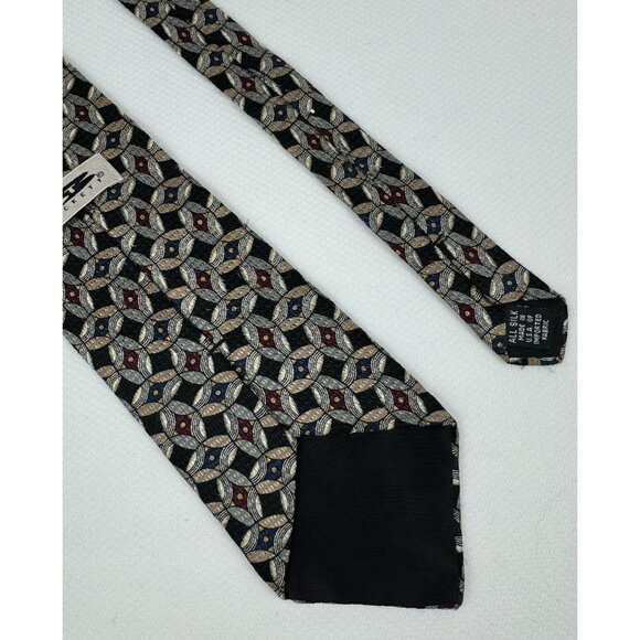JT Beckett Mens Necktie Black Tan and Burgandy Geometric 100% Silk USA 4 x 59 in - Picture 4 of 7